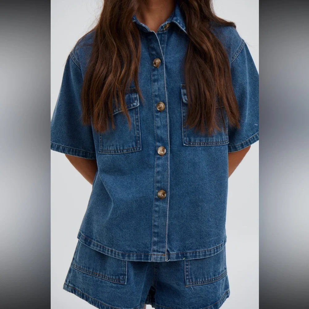 The Bronze Snake Delaney Denim Set Dark Blue Short Sleeve Jean Top Shorts Coord - Picture 5 of 14